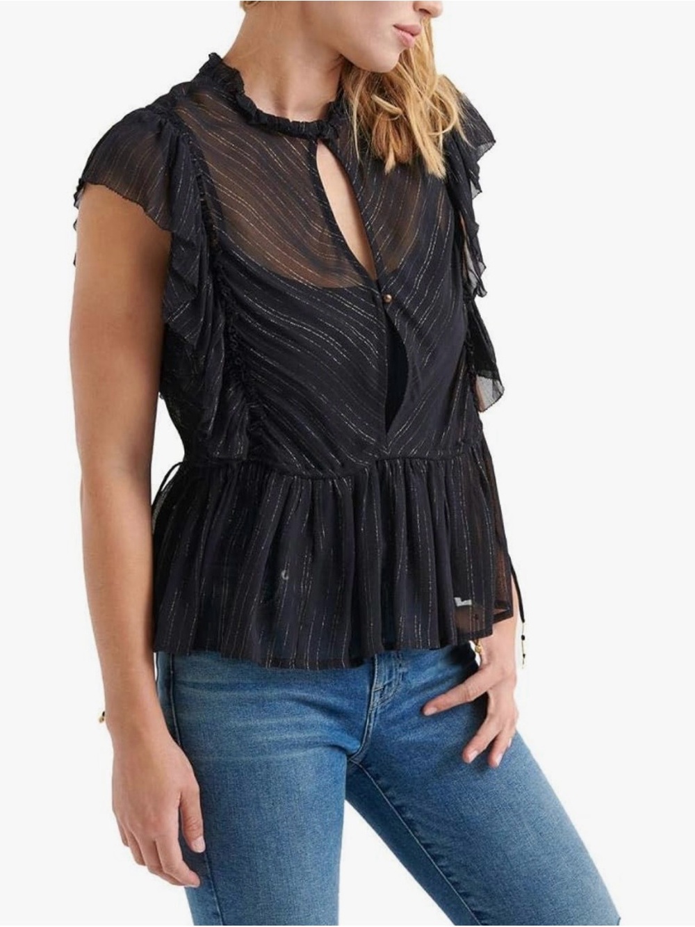 Lucky Brand Stripe Ruffle Black Gold Metallic Short Sleeve Blouse Black Metallic